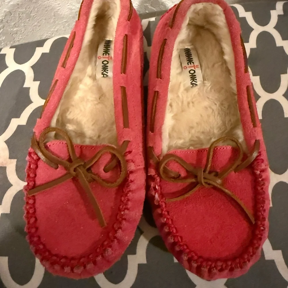 Minnetonka Pink Suede Moccasins with Bow
